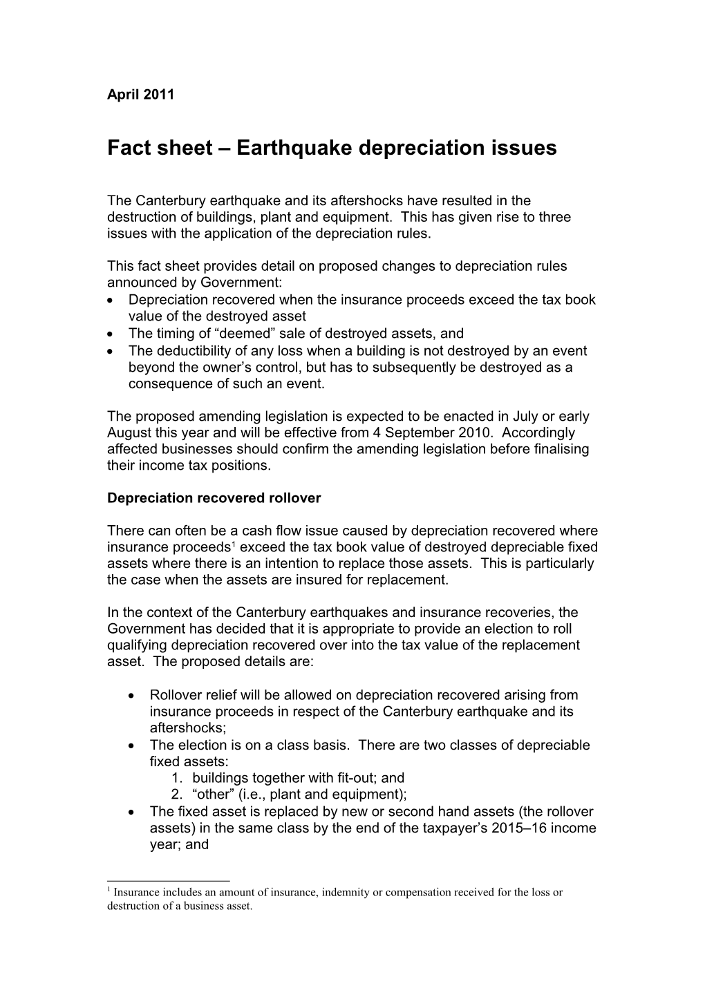 Fact Sheet - Earthquake Depreciation Issues - April 2011
