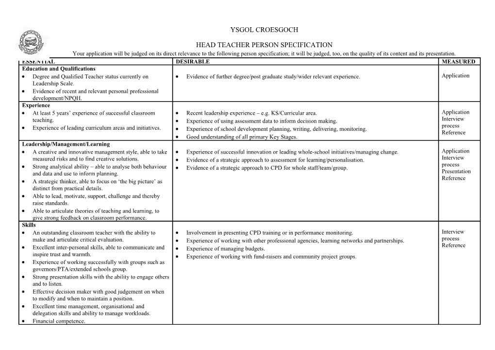 Head Teacher Person Specification