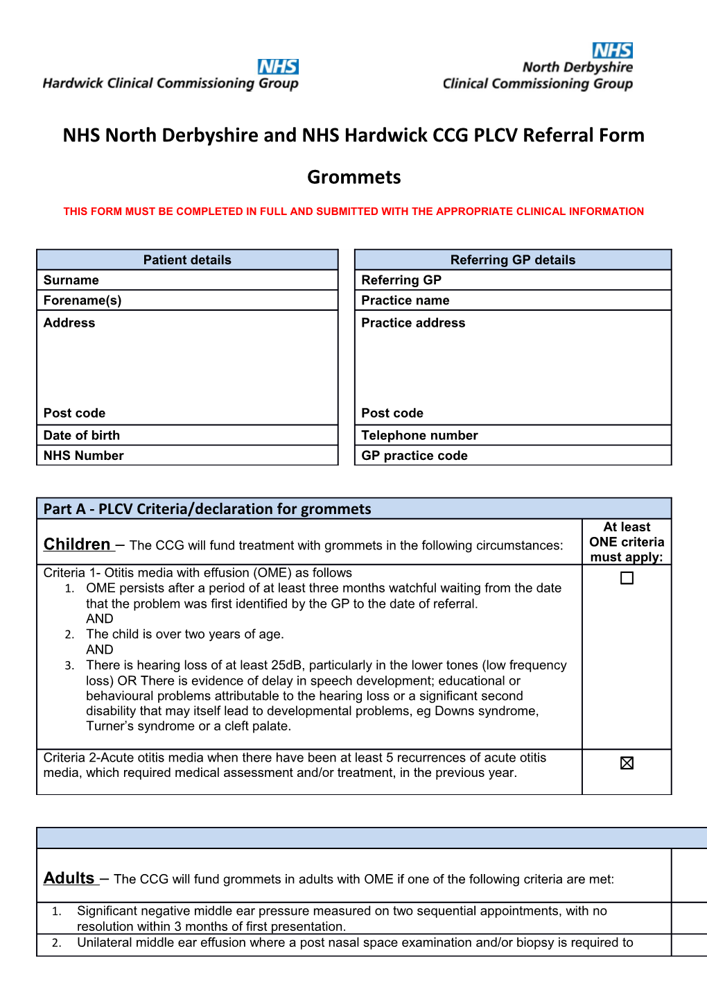 NHS North Derbyshire and NHS Hardwick CCG PLCV Referral Form
