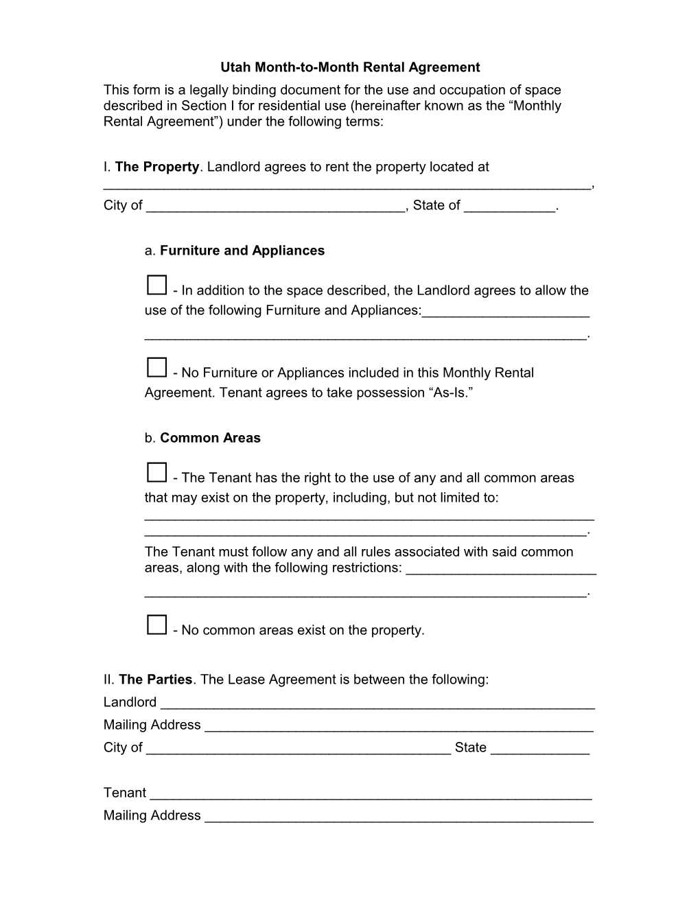 Utah Month-To-Month Rental Agreement