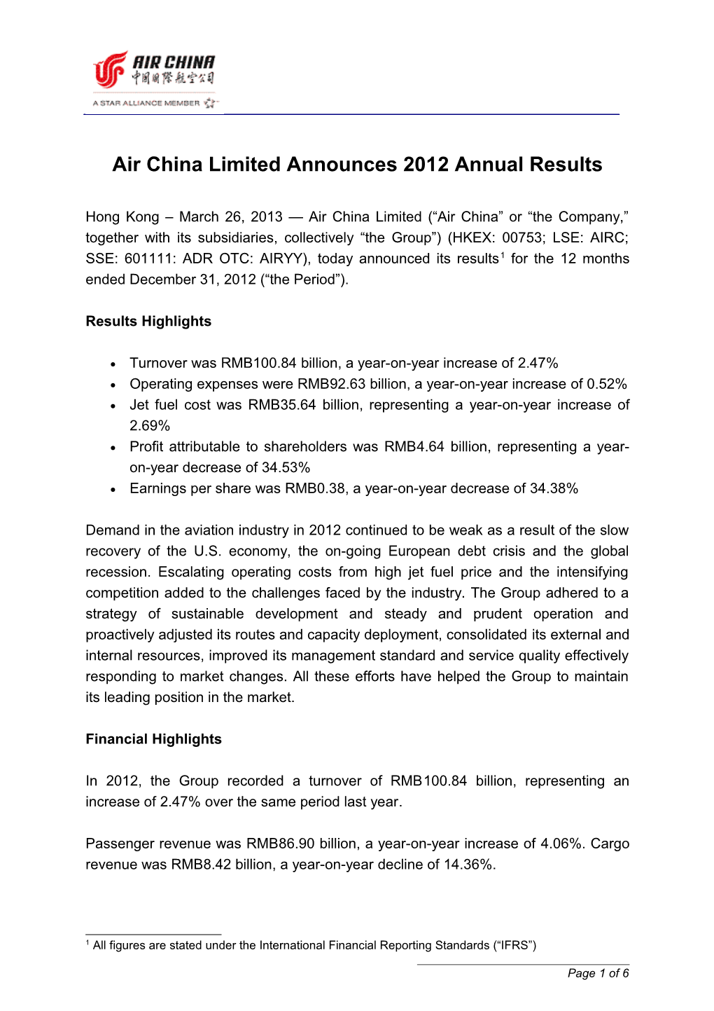 Air China Limited Announces 2012 Annual Results