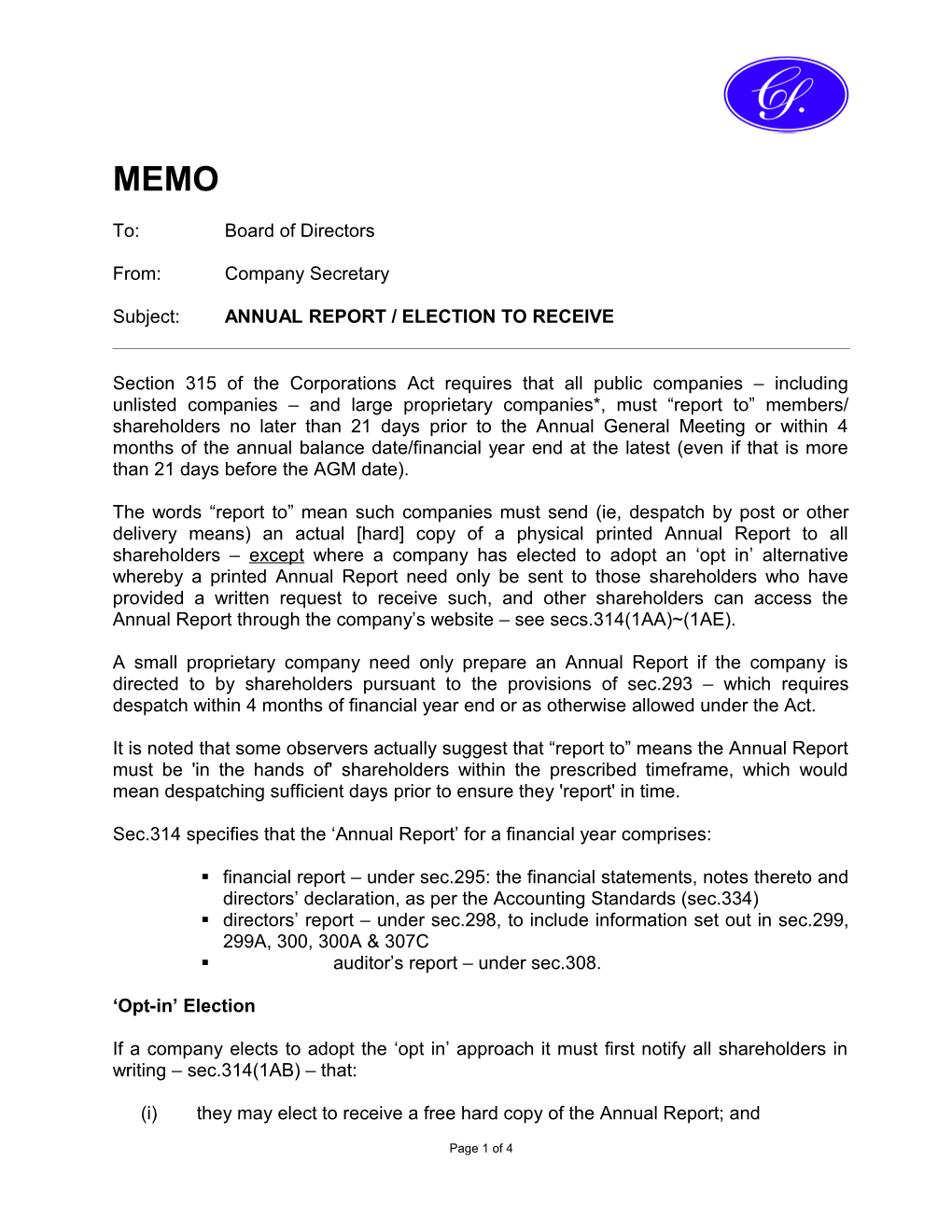 Subject: ANNUAL REPORT / ELECTION to RECEIVE