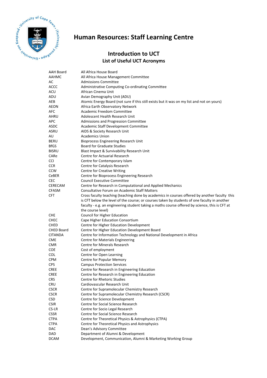 List of Useful UCT Acronyms