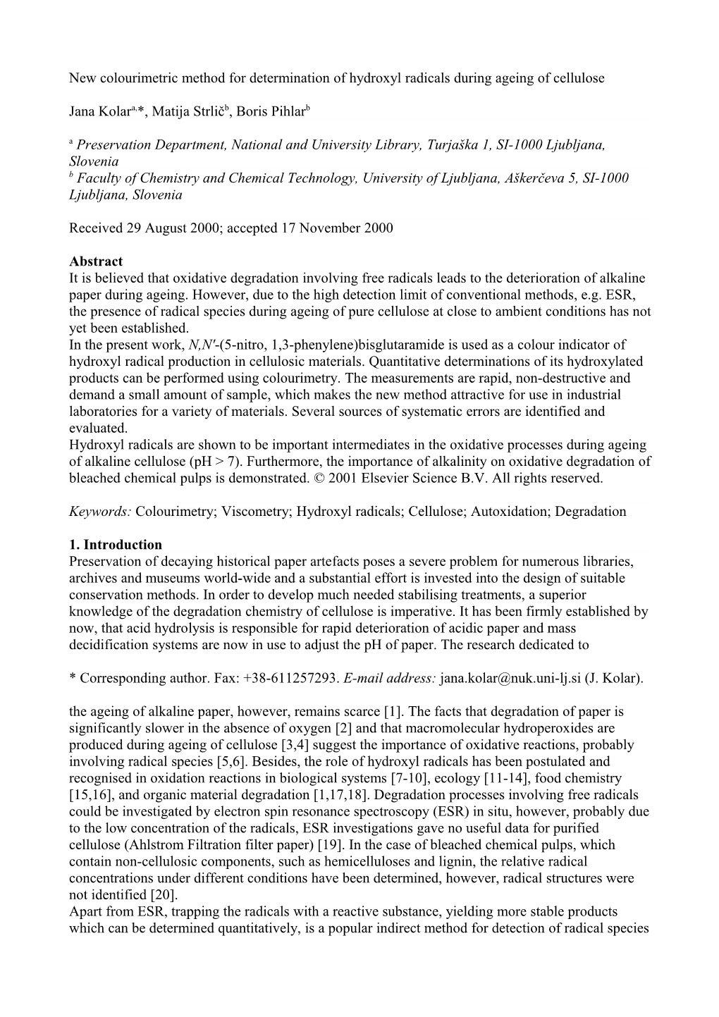 New Colourimetric Method for Determination of Hydroxyl Radicals During Ageing of Cellulose