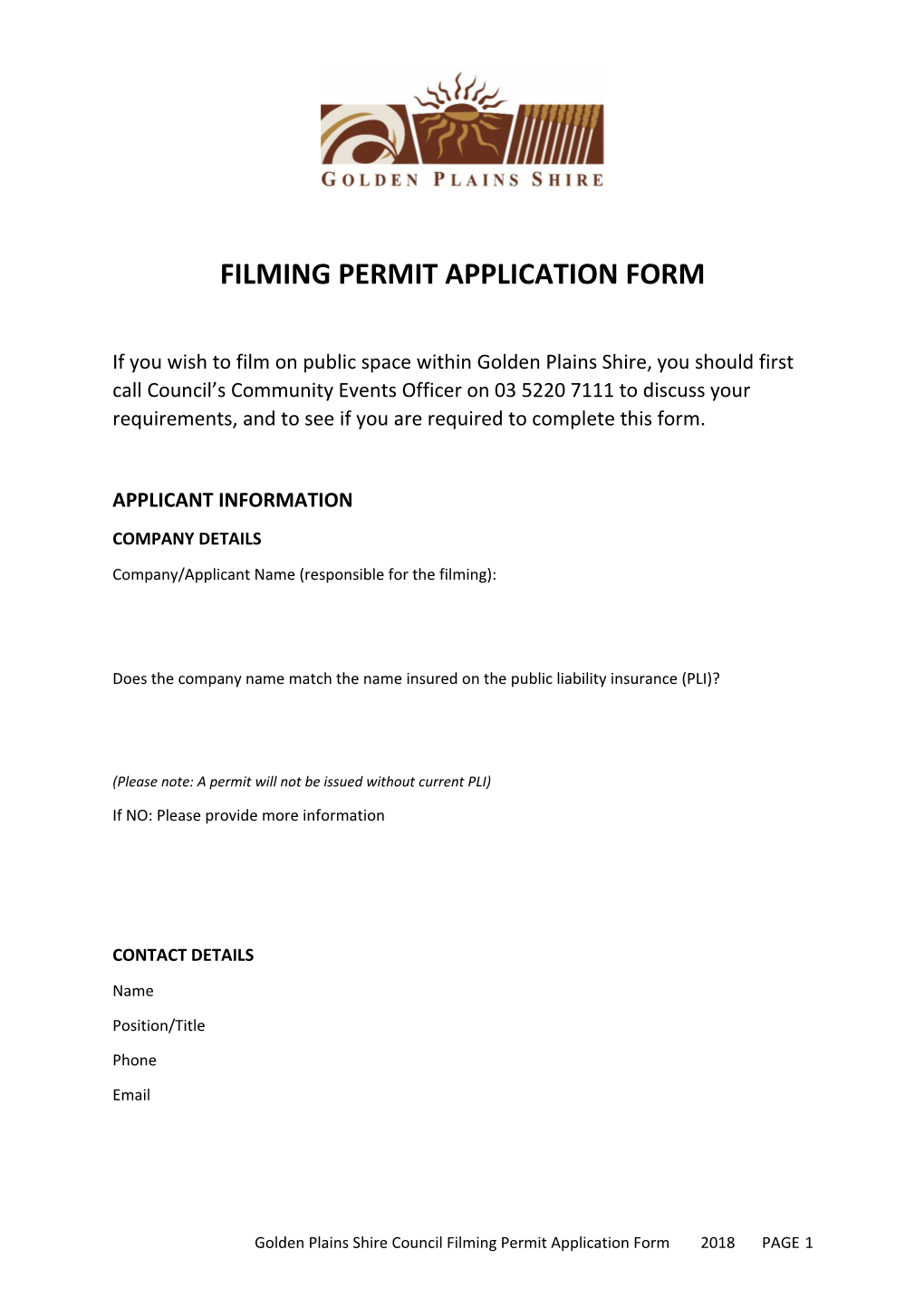 Filming Permit Application Form
