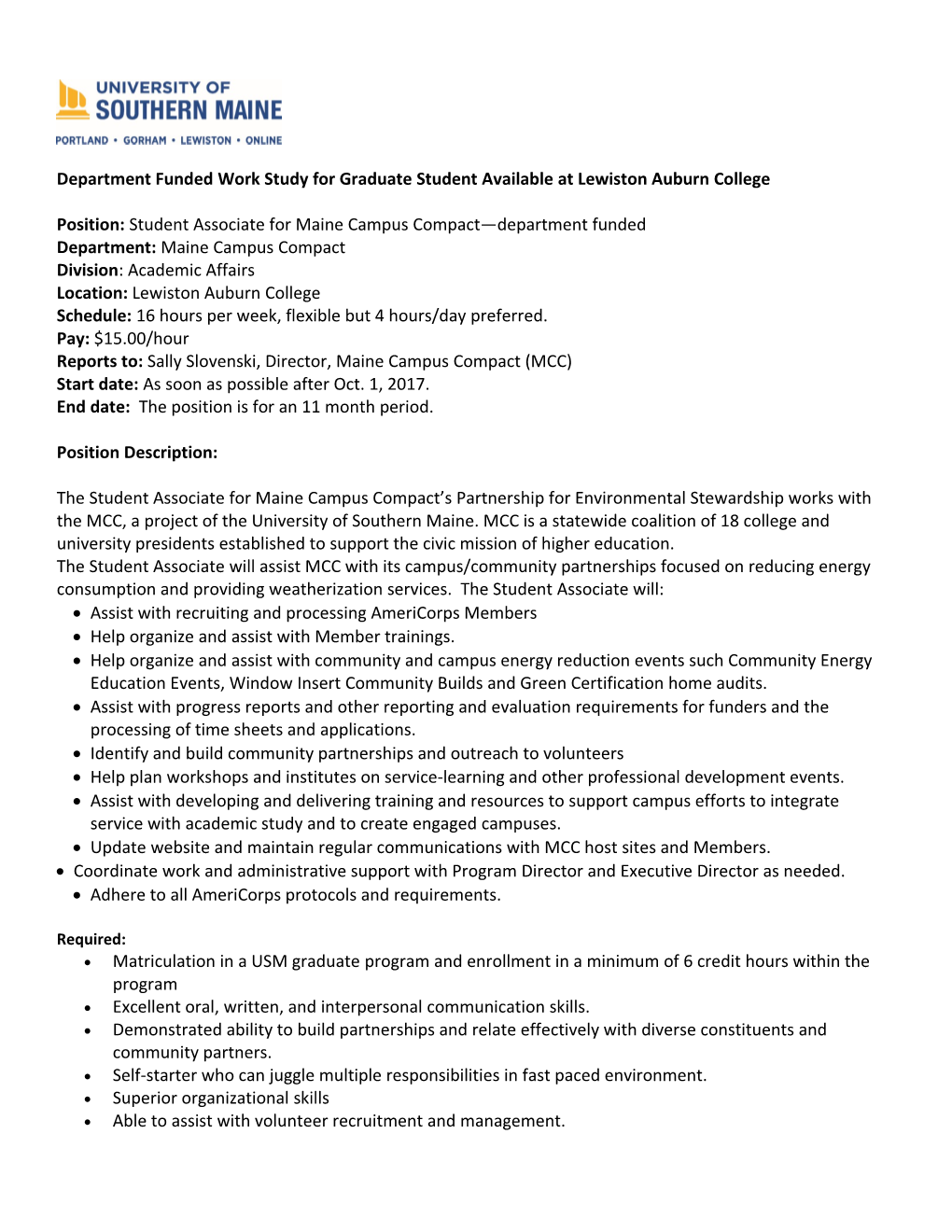 Department Funded Work Study for Graduate Student Available at Lewiston Auburn College