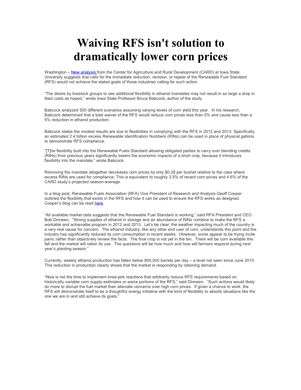 Waiving RFS Isn't Solution to Dramatically Lower Corn Prices