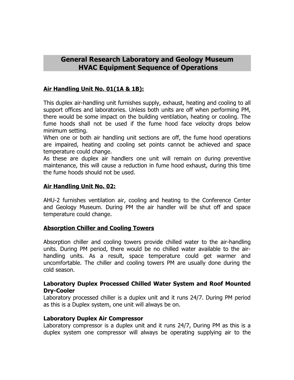 Coolbaugh Hall HVAC Equipment Sequence of Operations