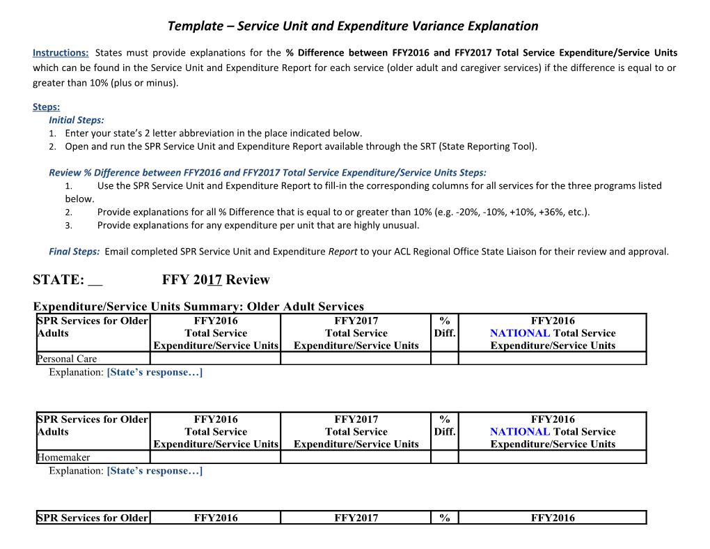 Template Service Unit and Expenditure Variance Explanation