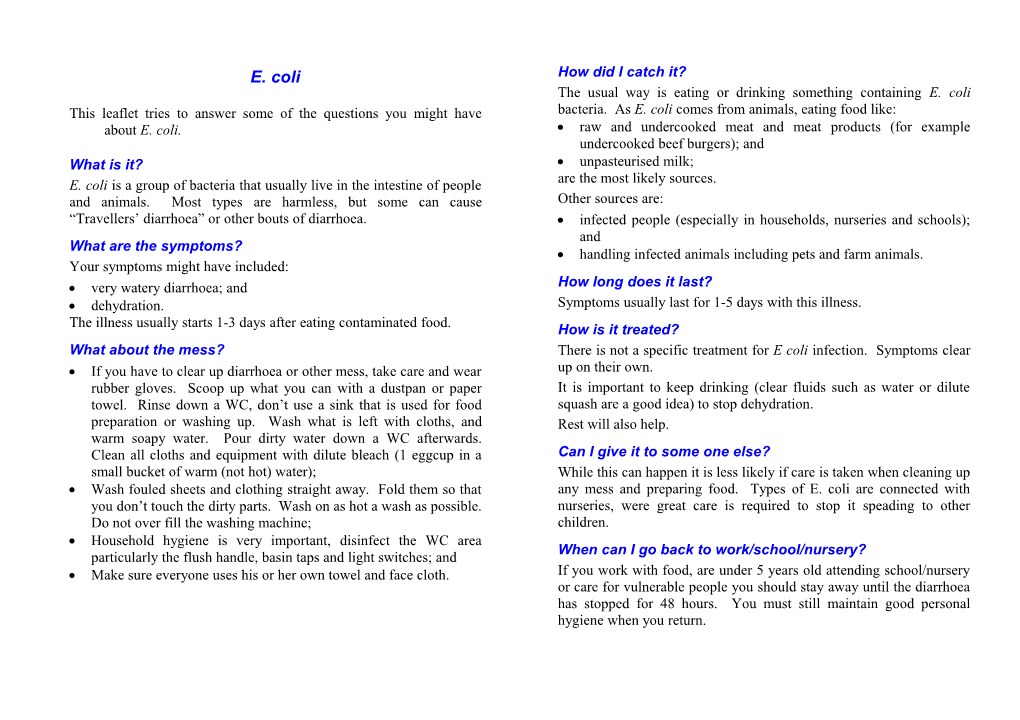 This Leaflet Tries to Answer Some of the Questions You Might Have About E. Coli