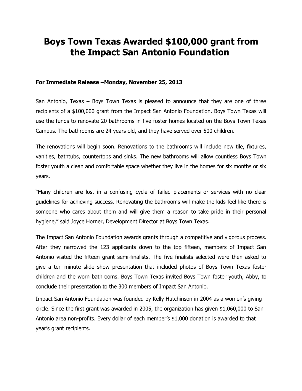 Boys Town Texas Awarded $100,000 Grant from the Impact San Antonio Foundation