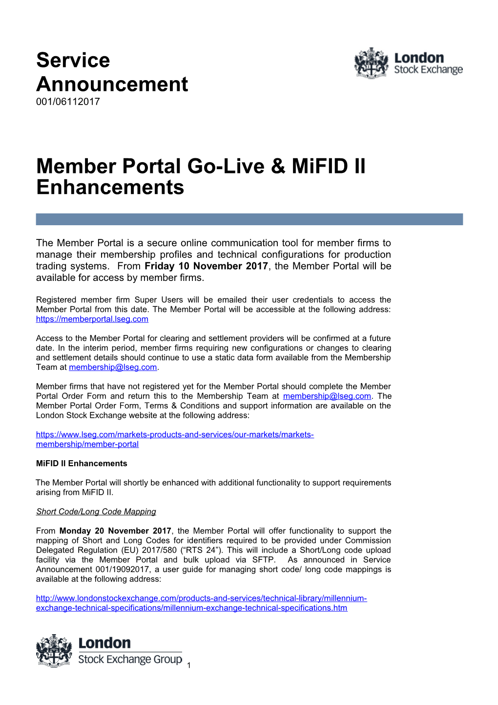 Member Portal Go-Live & Mifid II Enhancements