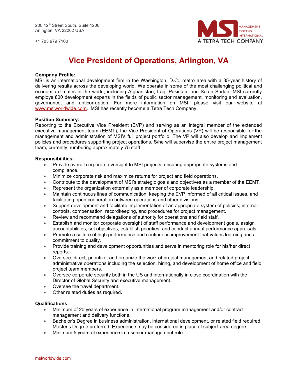 Vice President of Operations, Arlington, VA