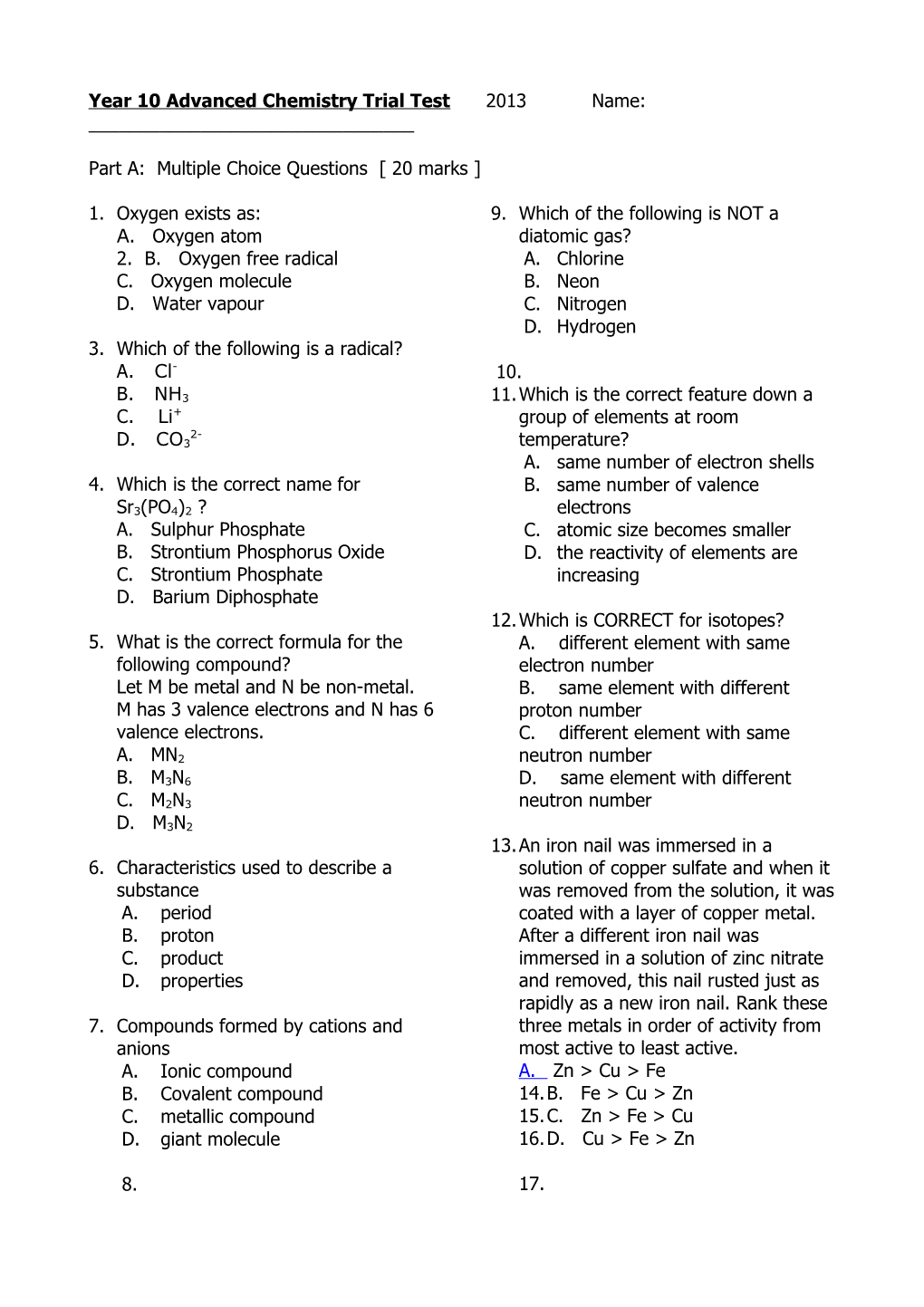 Year 10 Advanced Chemistry Trial Test 2013Name: ______