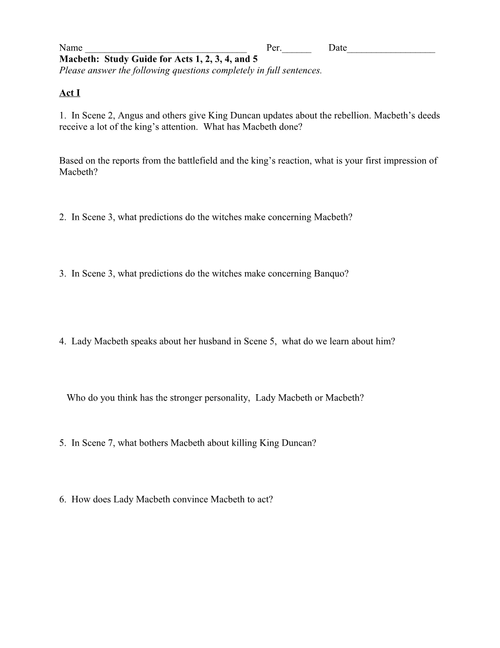 Macbeth: Study Guide for Acts 1, 2, 3, 4, and 5