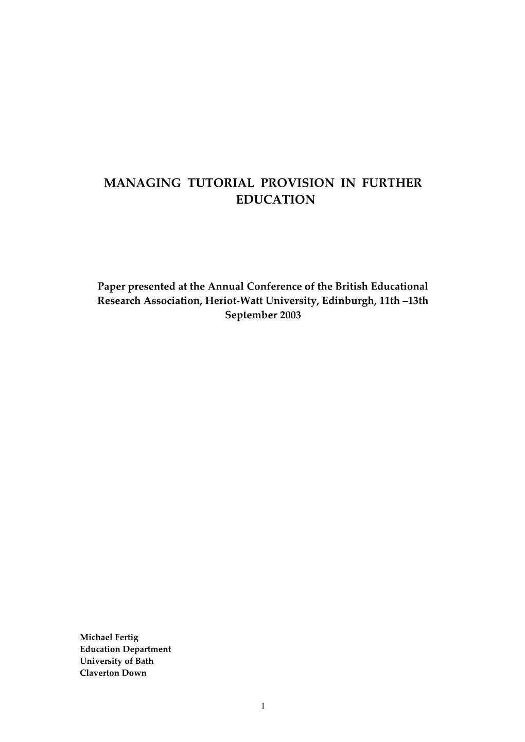 Managing Tutorial Provision in Further Education