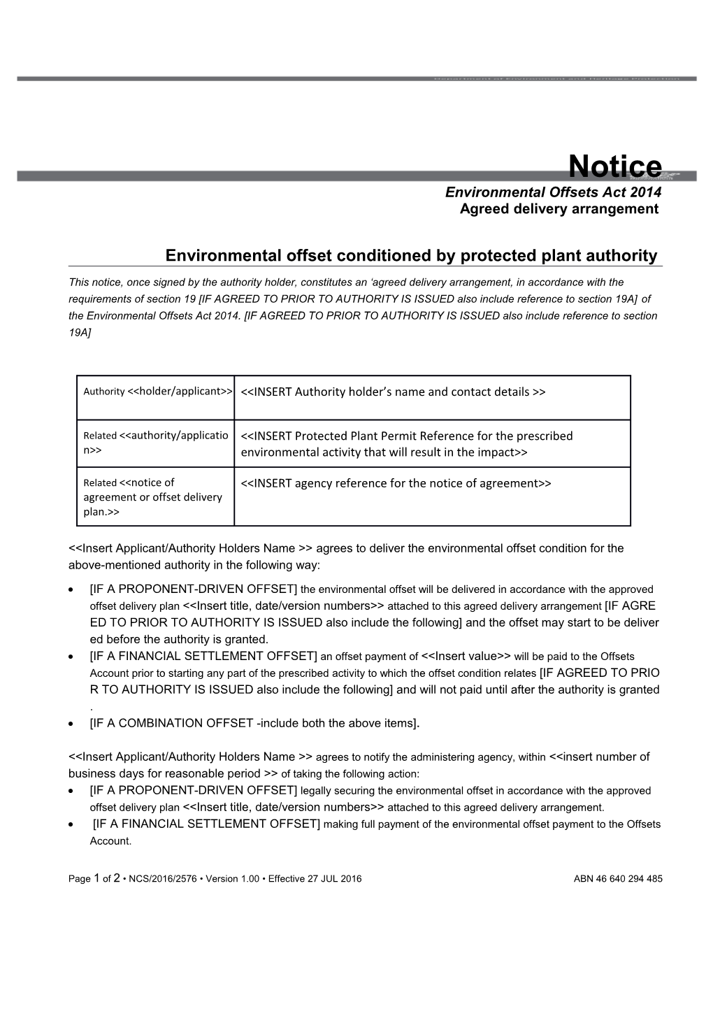 NCS/2016/2576 Notice - Environmental Offsets Agreed Delivery Arrangement