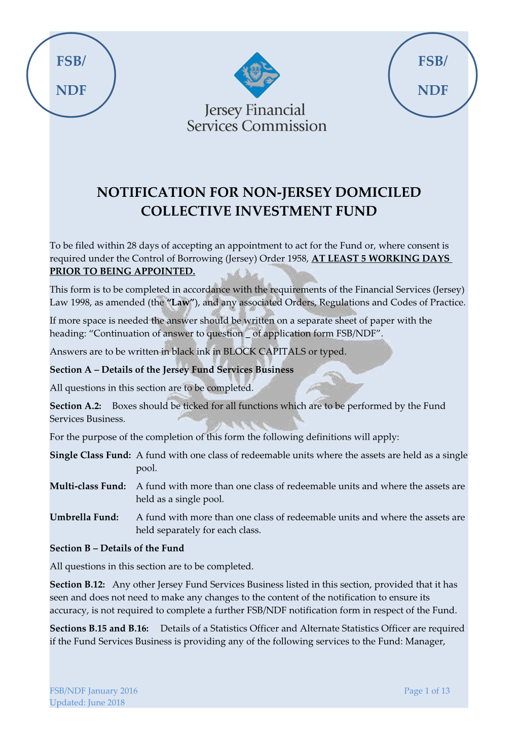 NOTIFICATION for NON-JERSEY DOMICILED COLLECTIVE INVESTMENT FUND
