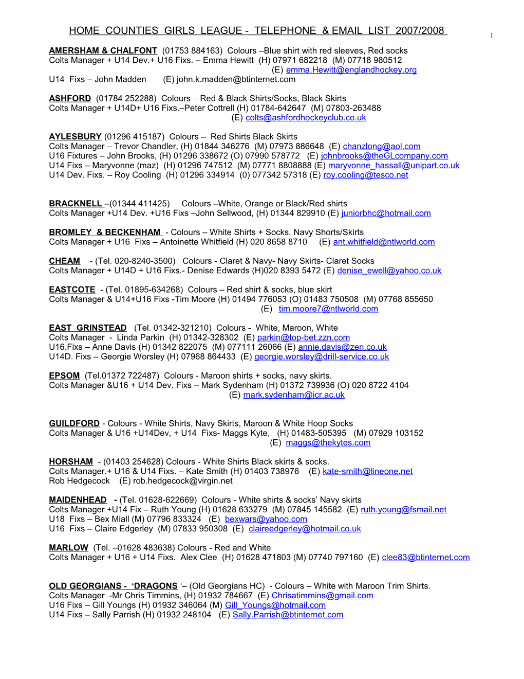 Home Counties Girls League - Telephone & Email List 2007/2008