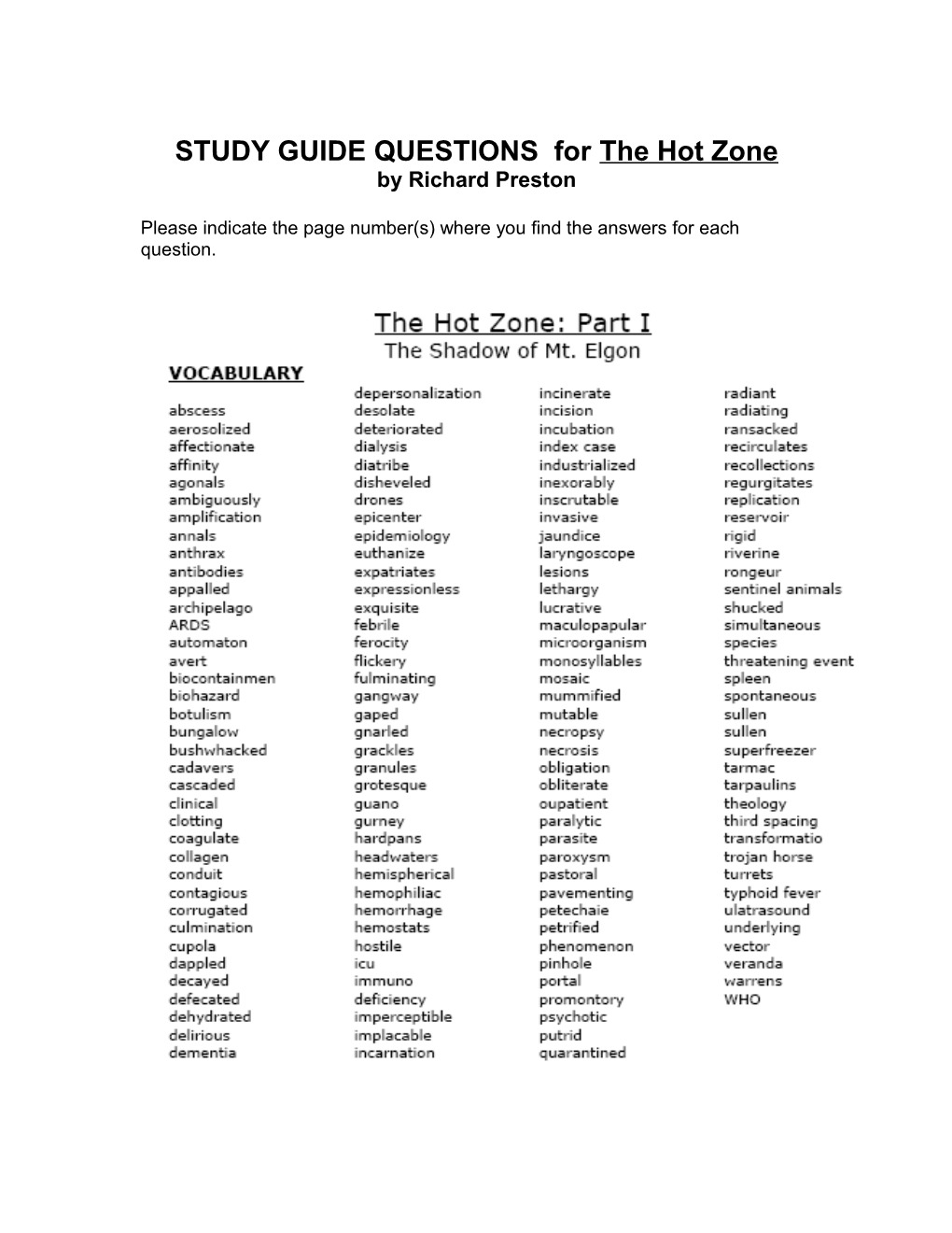 STUDY GUIDE QUESTIONS for the Hot Zone