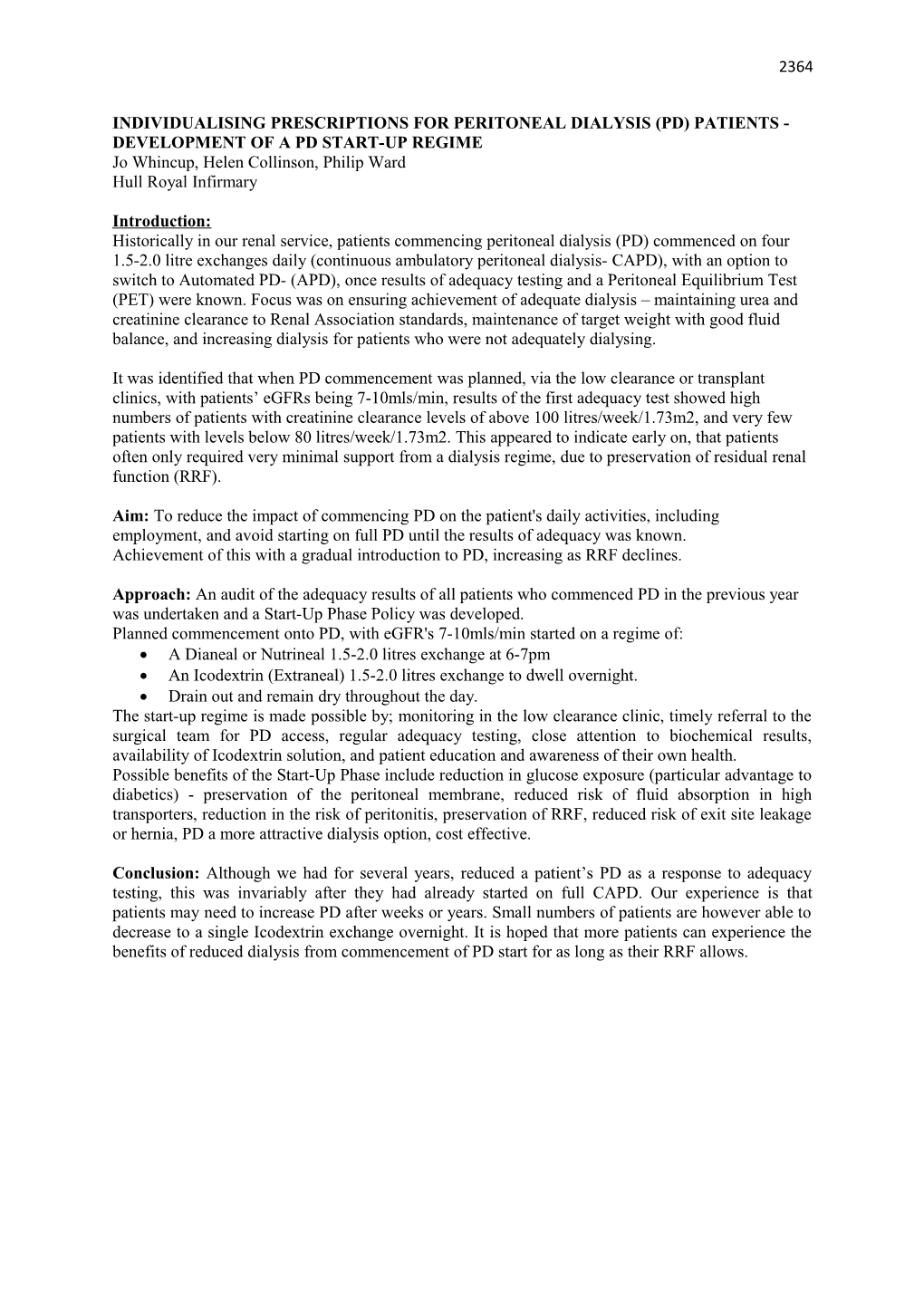 Individualising Prescriptions for Peritoneal Dialysis (PD) Patients - Development of A