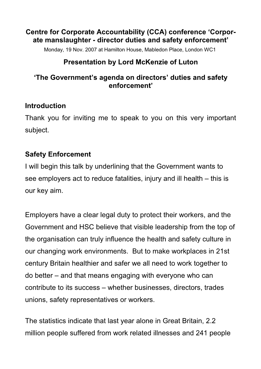 Launch Event, Iod/HSC Guidance Leading Health and Safety at Work: Leadership Actions For