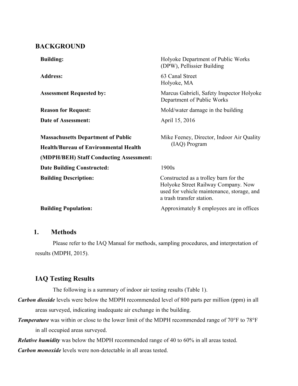 Indoor Air Quality Assessment - Holyoke DPW, Pellisier Building, Holyoke, MA