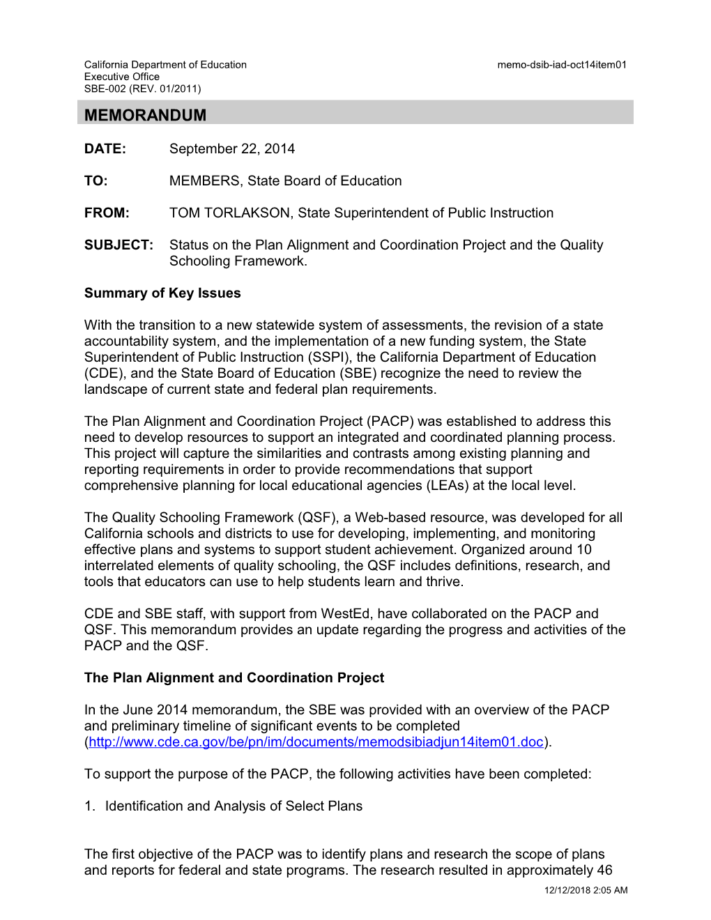 October 2014 DSIB IAD Item 01 - Information Memorandum (CA State Board of Education)