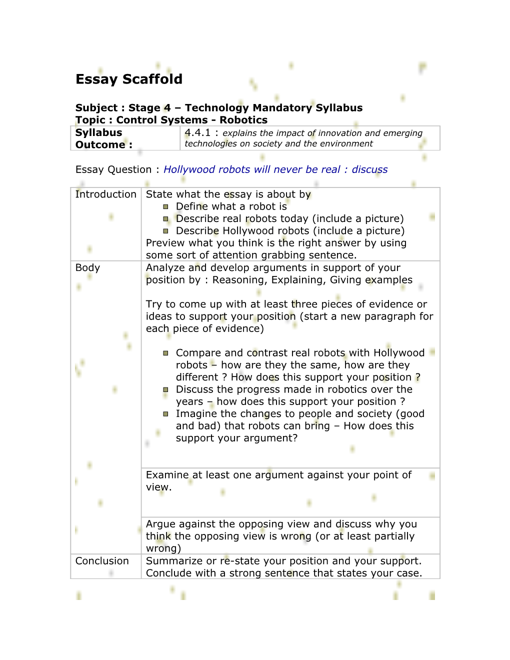 Essay Scaffold : Robotics Essay