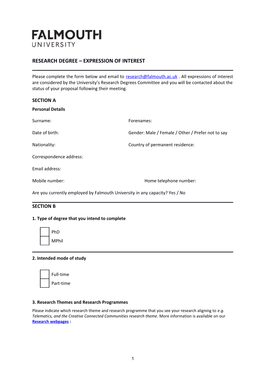 Research Degree Expression of Interest