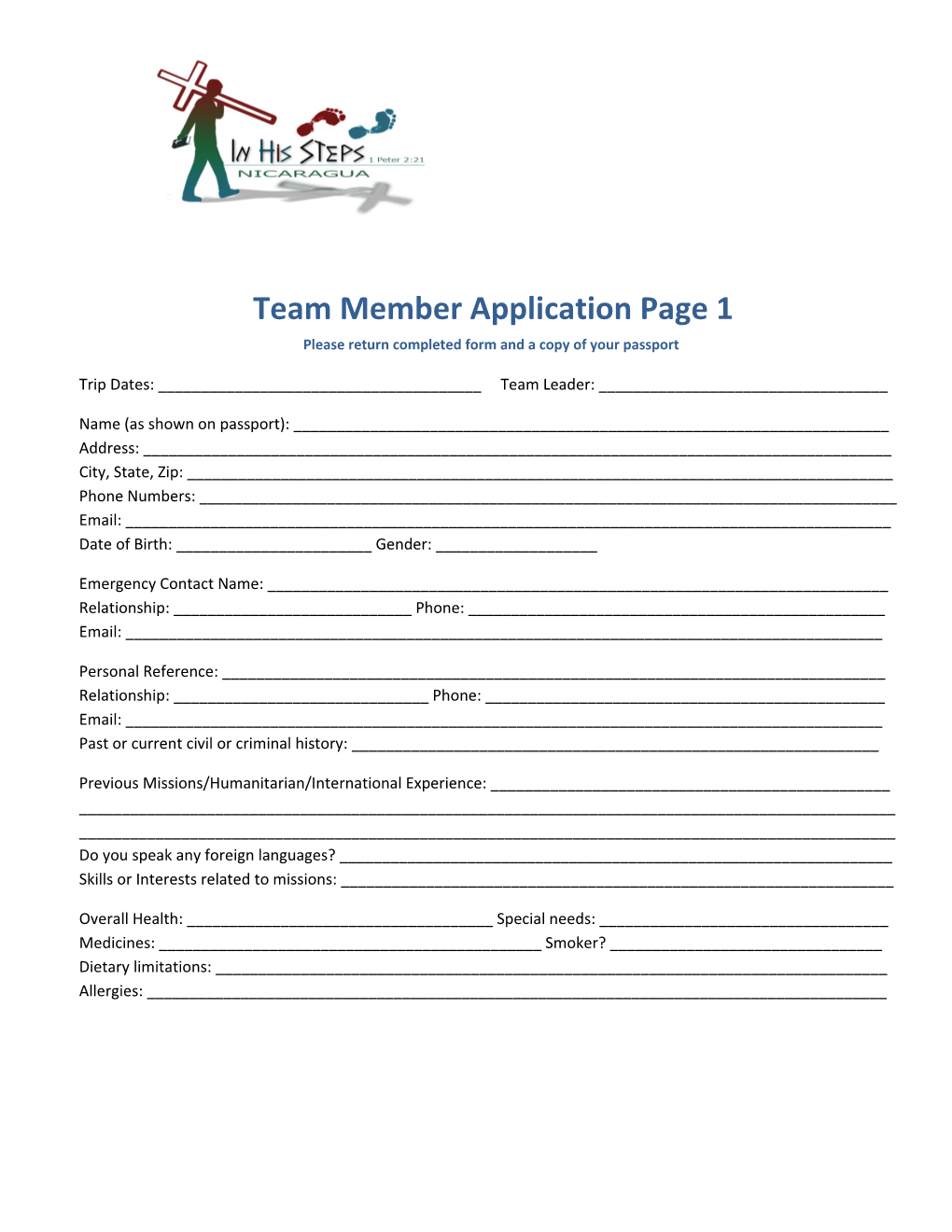 Team Member Application Page 1 Please Return Completed Form and a Copy of Your Passport