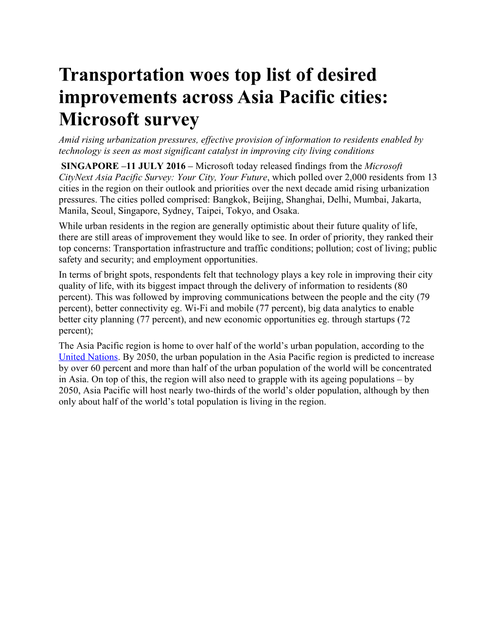 Transportation Woes Top List of Desired Improvements Across Asia Pacific Cities: Microsoft