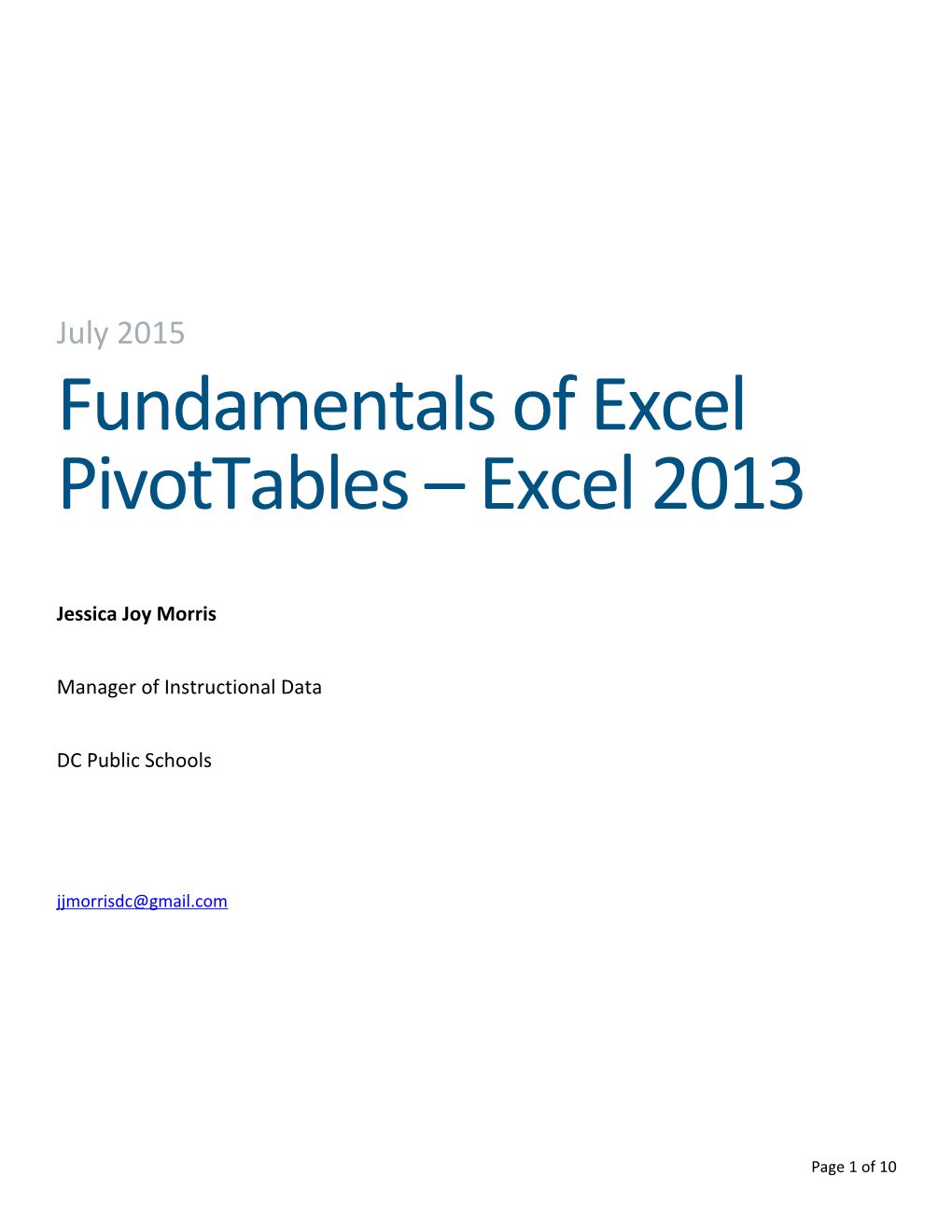 Fundamentals of Excel Pivottables Excel 2013