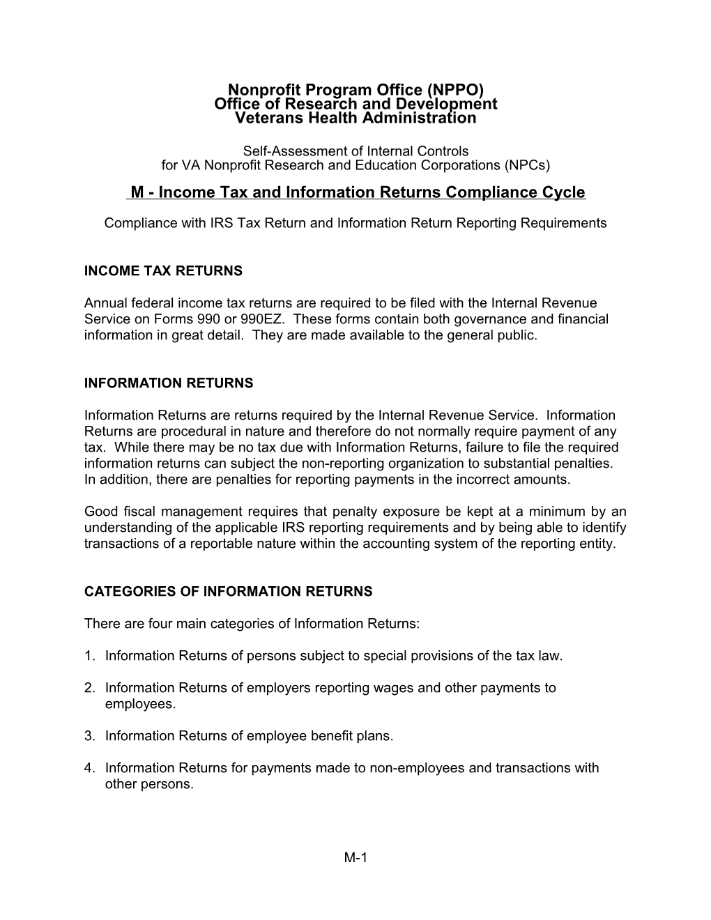 NPPO ORD VHA - Income Tax and Information Returns Compliance Cycle