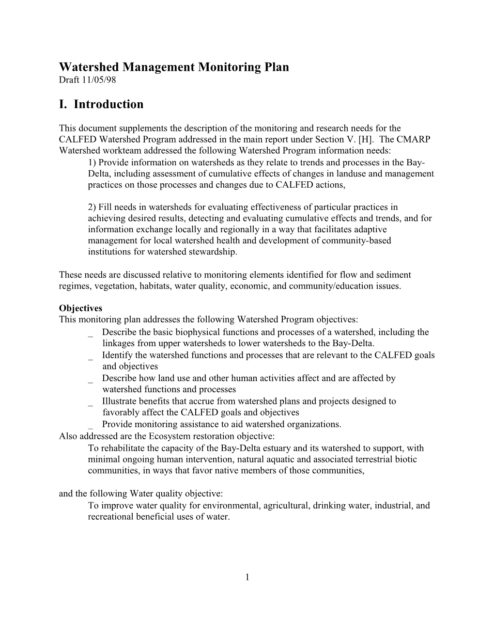 Watershed Management Monitoring Plan