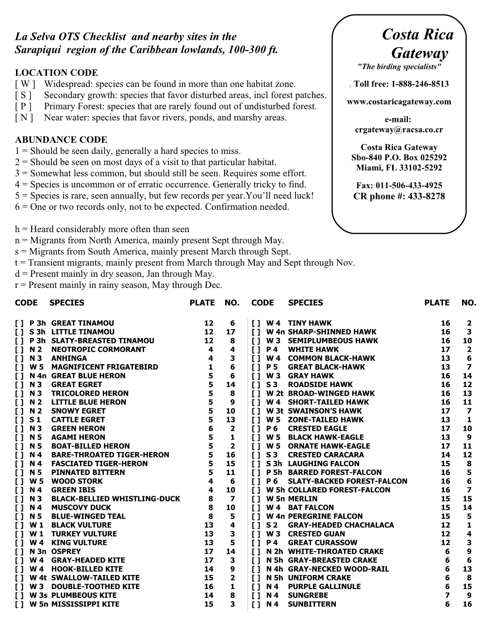 Checklist Area Includes Rancho Naturalista and Other Sites in The