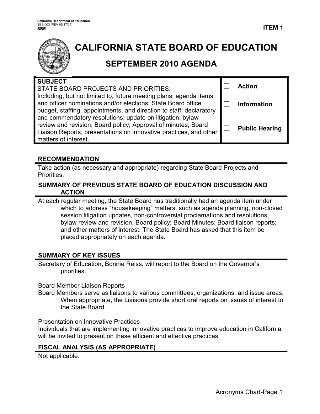 September 2010 Agenda Item 01 - Meeting Agendas (CA State Board of Education)