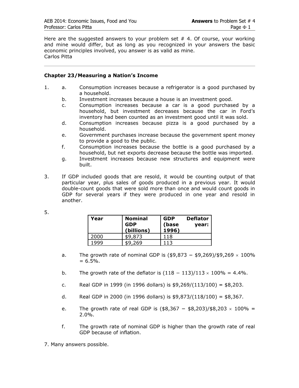 Here Are the Suggested Answers to Your Problem Set # 1