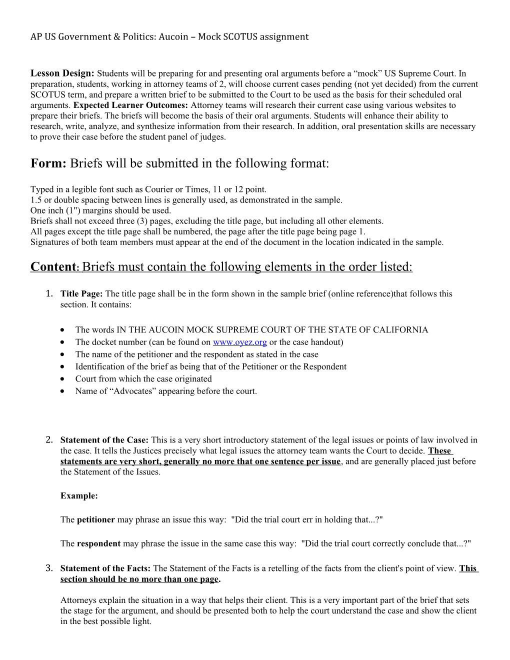 AP US Government & Politics: Aucoin Mock SCOTUS Assignment