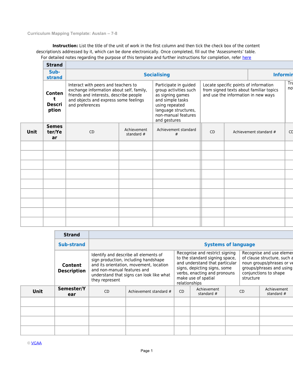 Curriculum Mapping Template: Auslan 7-8