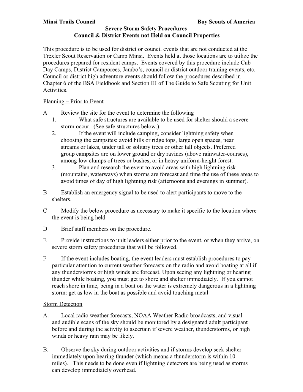 Excerpt from MINSI TRAILS COUNCIL, Boy Scouts of America, Camp Minsi Emergency Procedure