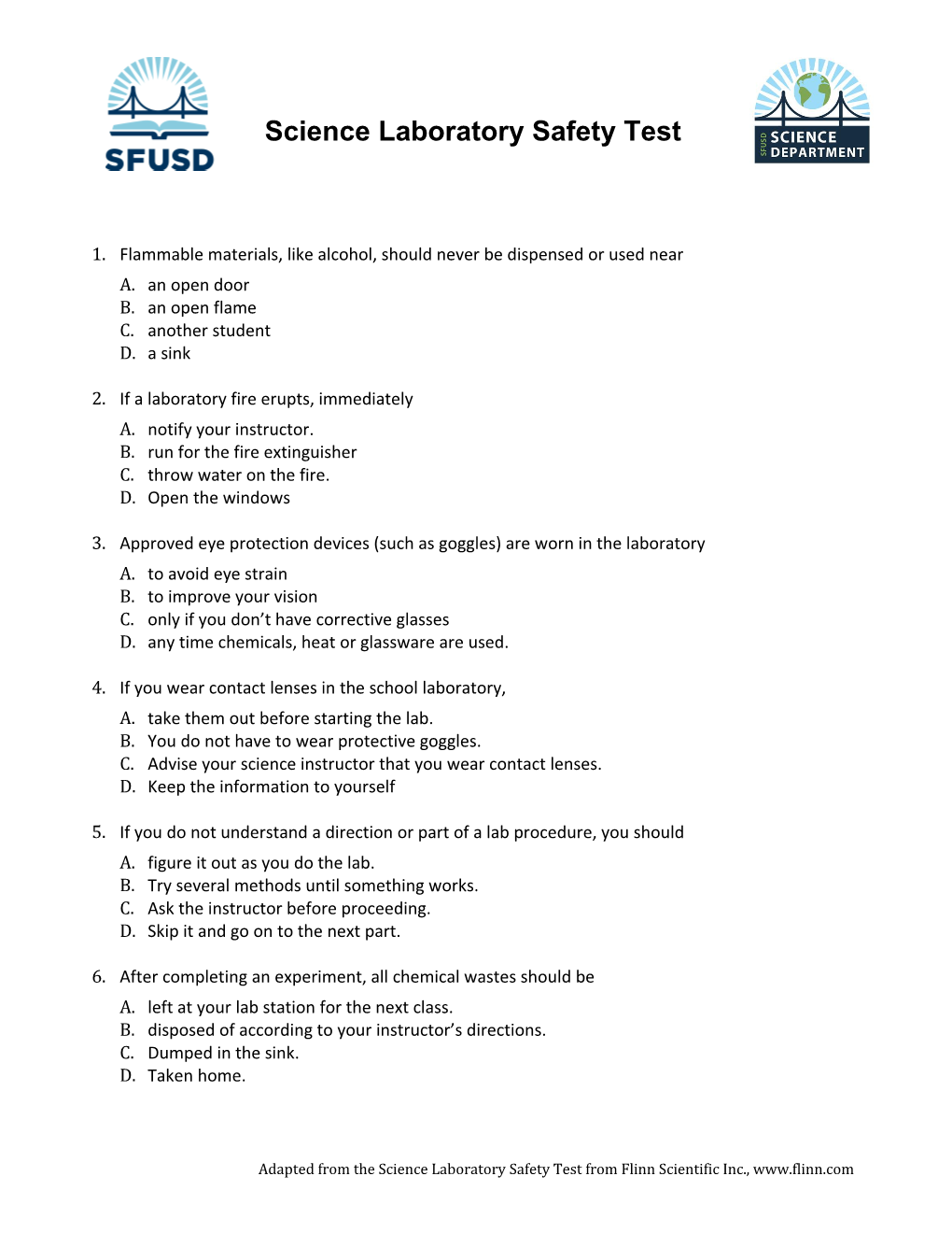 Science Laboratory Safety Test