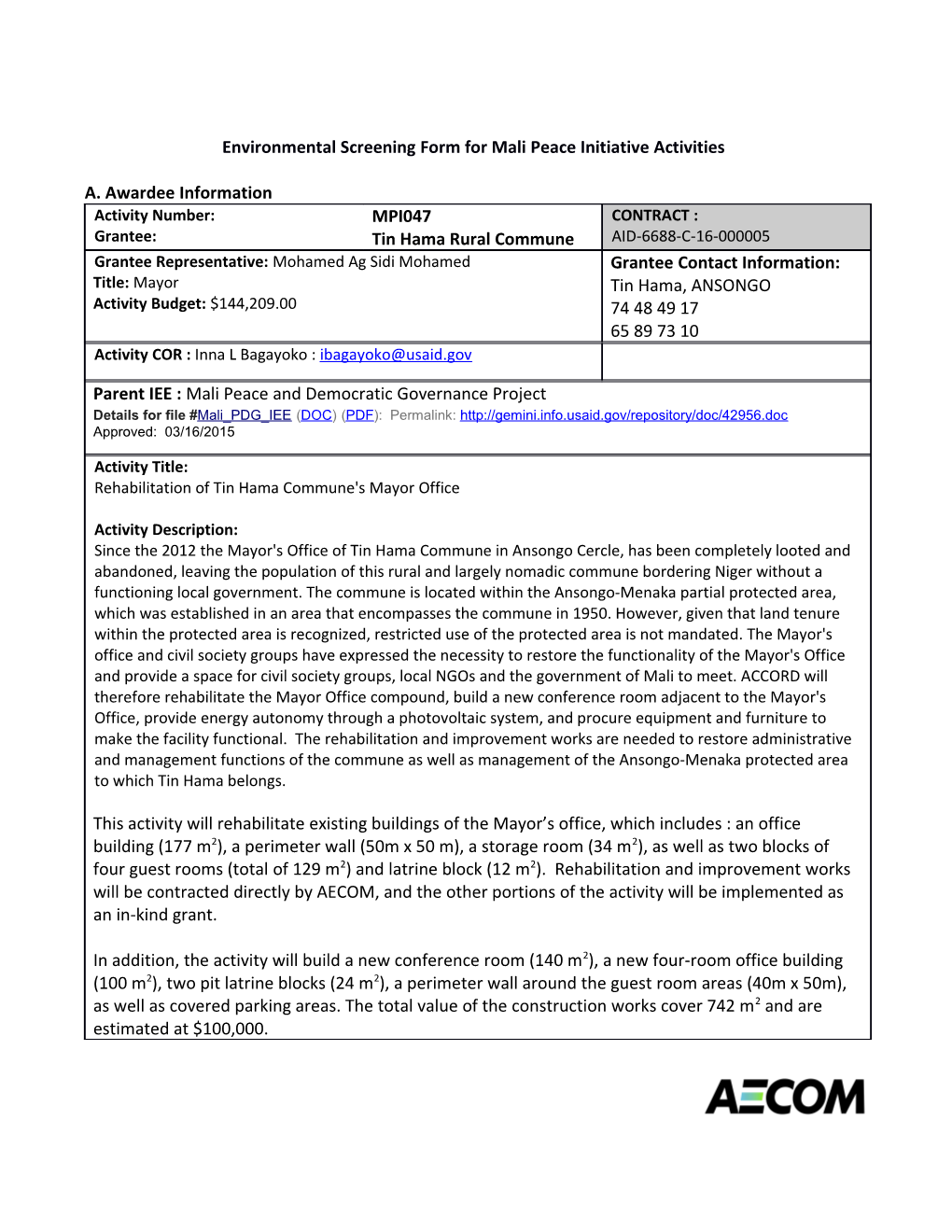 Environmental Screening Form for Mali Peace Initiative Activities