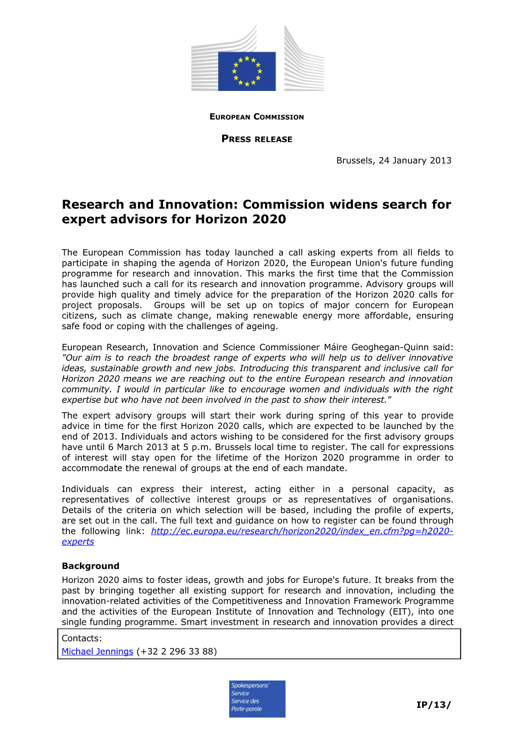 Research and Innovation: Commission Widens Search for Expert Advisors for Horizon 2020