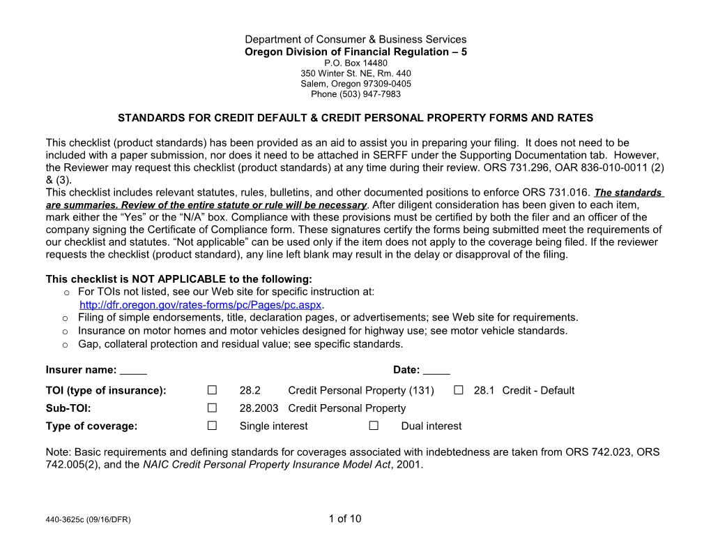 Form 3625C, Standards for Credit Personal Property Forms and Rates, Form # 440-3625C, Rev. 02/07