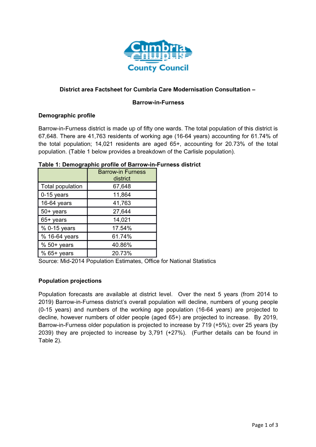 District Area Factsheet for Cumbria Care Modernisation Consultation