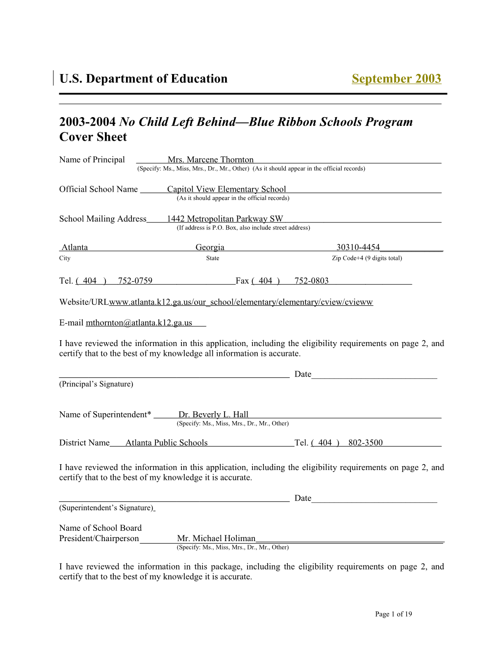 Capitol View Elementary School 2004 No Child Left Behind-Blue Ribbon School Application (Msword)