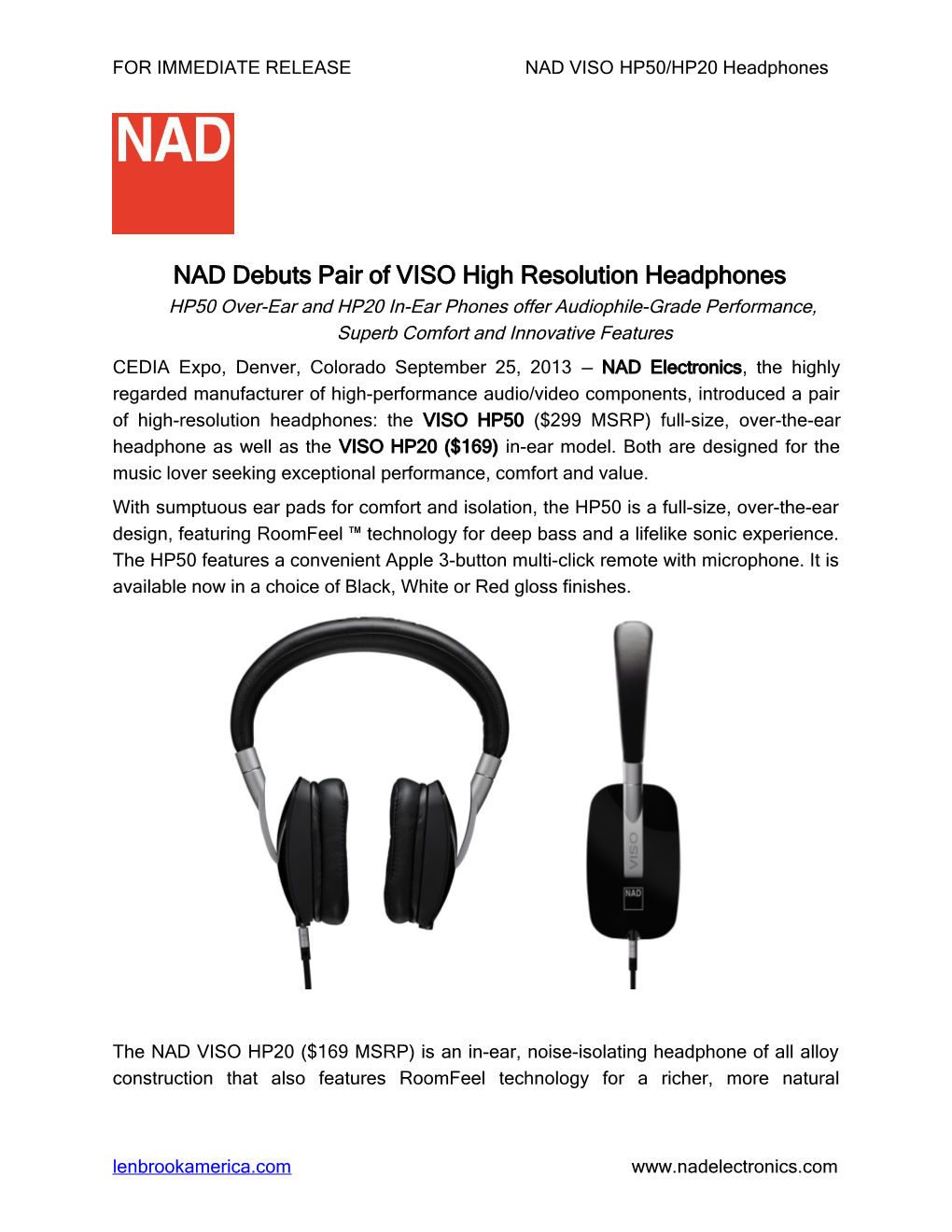 FOR IMMEDIATE RELEASE NAD VISO HP50/HP20 Headphones