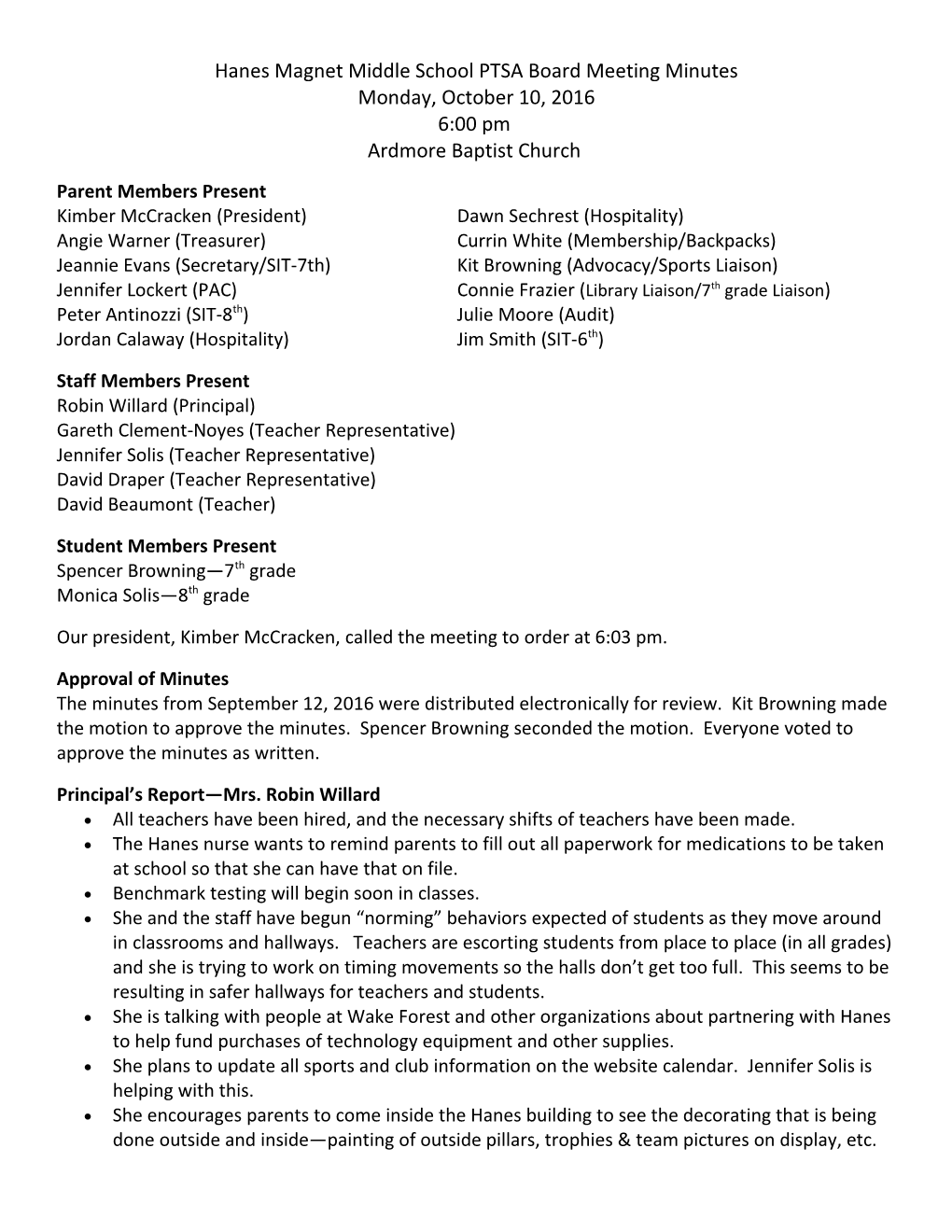 Hanes Magnet Middle School PTSA Board Meeting Minutes
