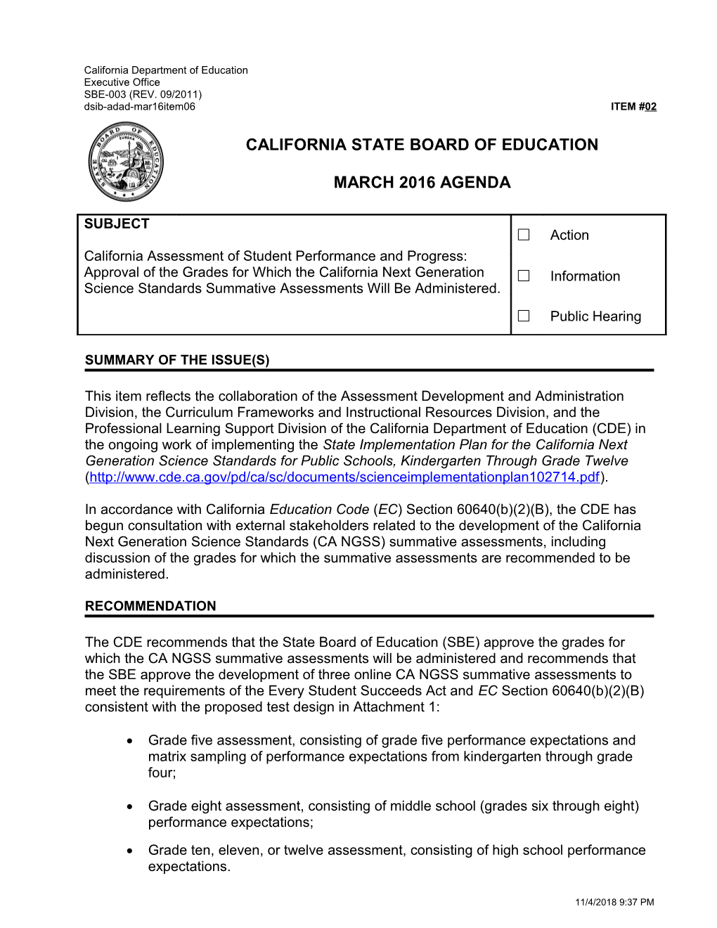 March 2016 Agenda Item 02 - Meeting Agendas (CA State Board of Education)